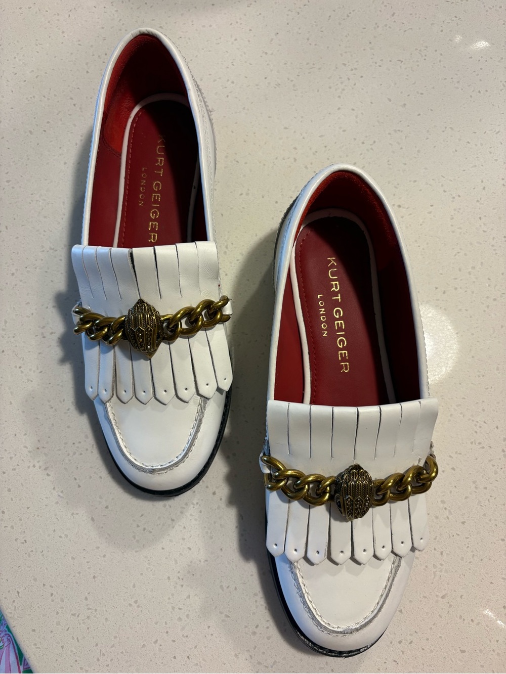 Kurt Geiger White Leather Tassel Loafers with chain and bird logo